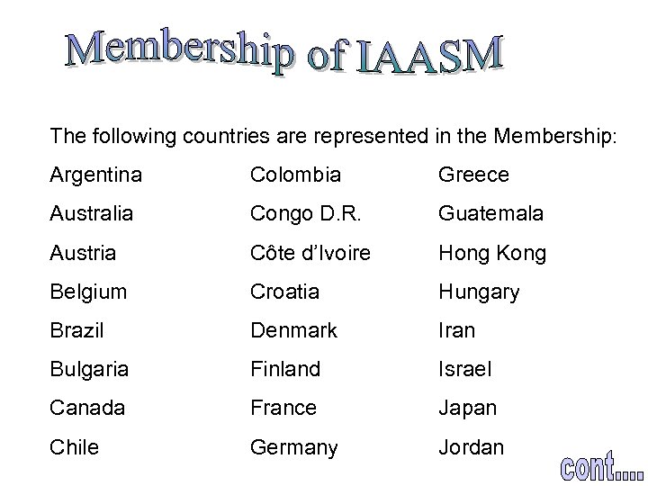 The following countries are represented in the Membership: Argentina Colombia Greece Australia Congo D.