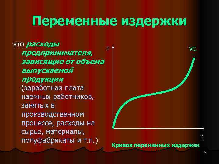 Переменные издержки это расходы предпринимателя, зависящие от объема выпускаемой продукции (заработная плата наемных работников,