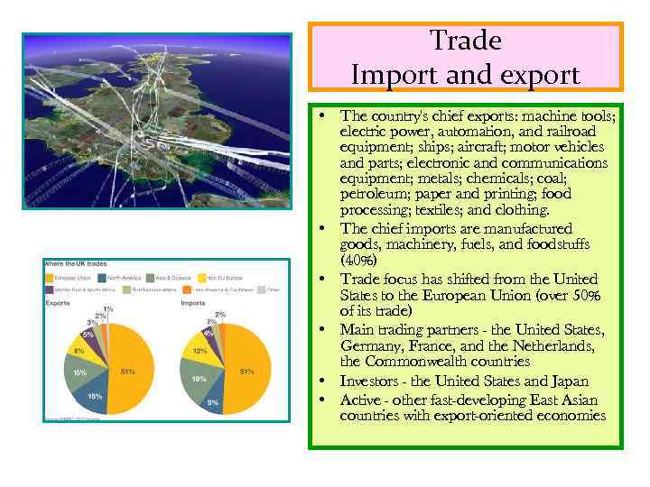Trade Import and export • The country's chief exports: machine tools; electric power, automation,