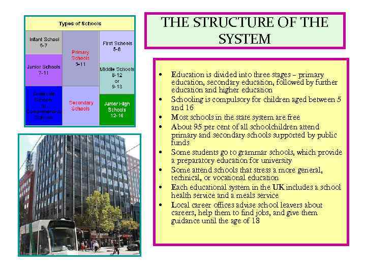 THE STRUCTURE OF THE SYSTEM • Education is divided into three stages – primary