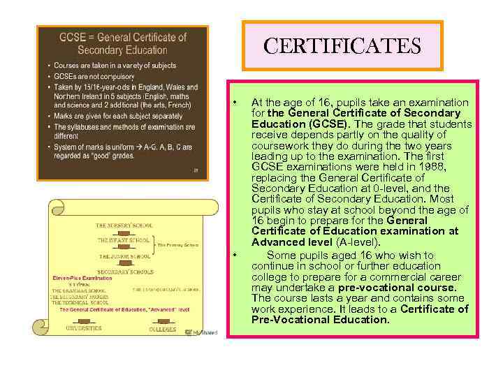 CERTIFICATES • • At the age of 16, pupils take an examination for the