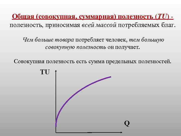 Общая (совокупная, суммарная) полезность (TU) - полезность, приносимая всей массой потребляемых благ. Чем больше