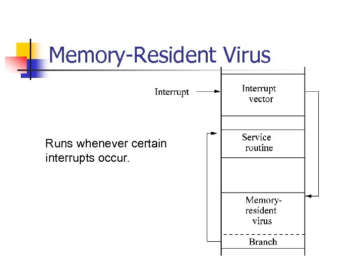 Memory-Resident Virus Runs whenever certain interrupts occur. 