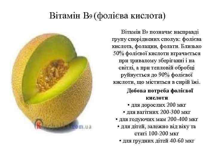 Вітамін B 9 (фолієва кислота) Вітамін B 9 позначає насправді групу споріднених сполук: фолієва