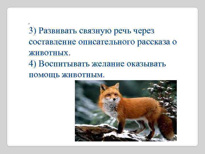 , 3) Развивать связную речь через составление описательного рассказа о животных. 4) Воспитывать желание