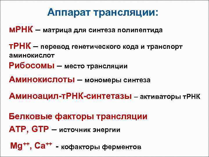 Аппарат трансляции: м. РНК – матрица для синтеза полипептида т. РНК – перевод генетического