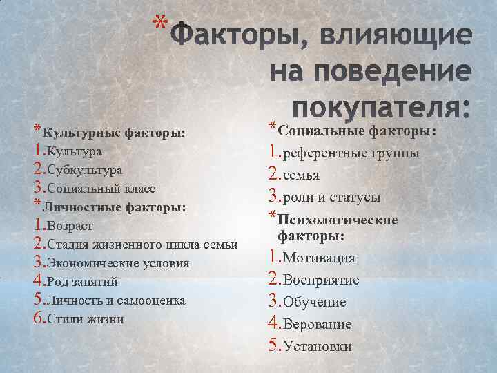 * * Культурные факторы: 1. Культура 2. Субкультура 3. Социальный класс * Личностные факторы: