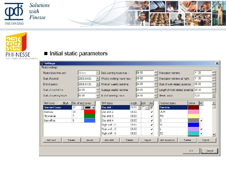  Initial static parameters 