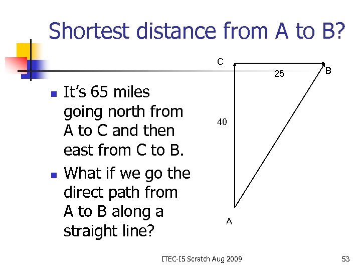 Shortest distance from A to B? C 25 n n It’s 65 miles going