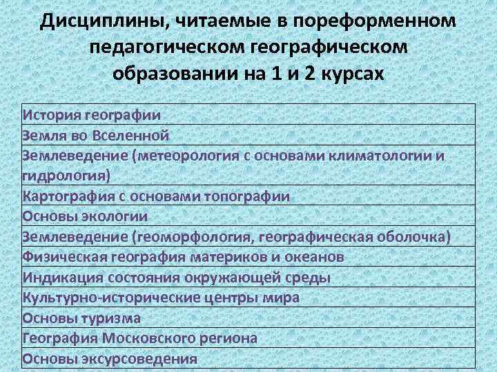 Дисциплины, читаемые в пореформенном педагогическом географическом образовании на 1 и 2 курсах История географии