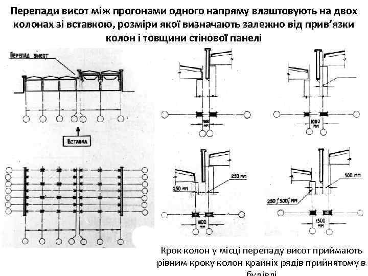 Перепади висот між прогонами одного напряму влаштовують на двох колонах зі вставкою, розміри якої