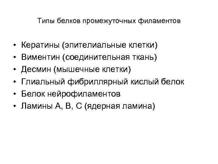 Типы белков промежуточных филаментов • • • Кератины (эпителиальные клетки) Виментин (соединительная ткань) Десмин