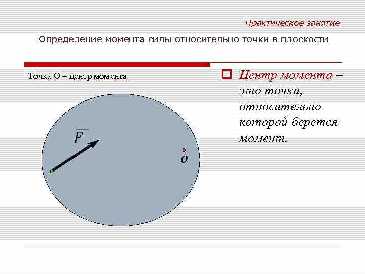 Практическое занятие Определение момента силы относительно точки в плоскости o Центр момента – это