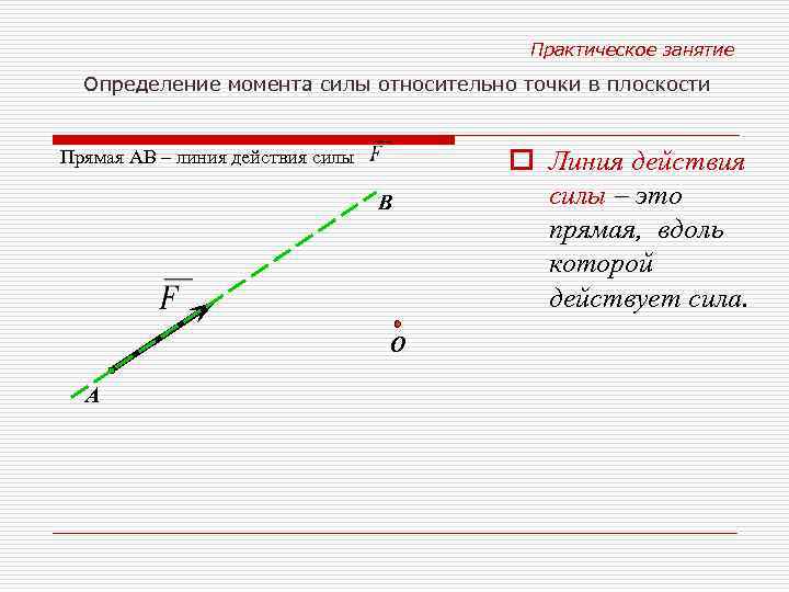 Практическое занятие Определение момента силы относительно точки в плоскости Прямая АВ – линия действия