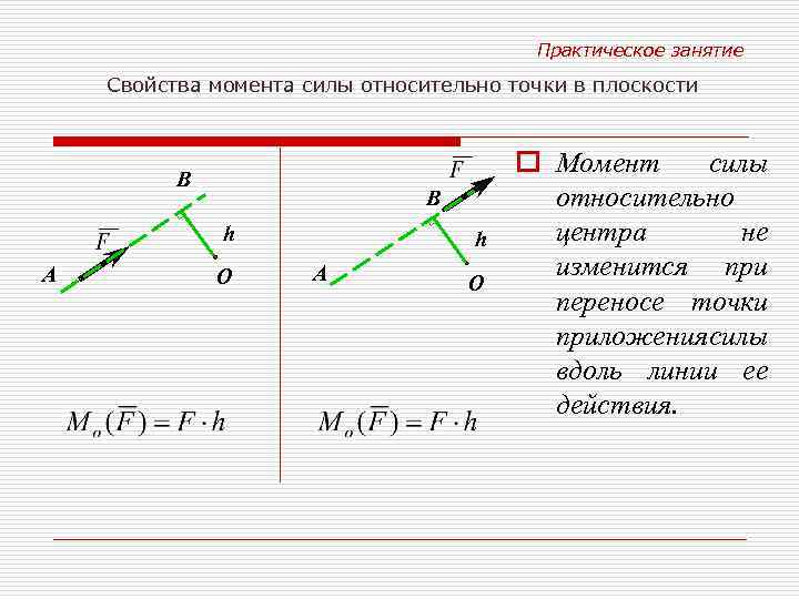 Практическое занятие Свойства момента силы относительно точки в плоскости В В h А О