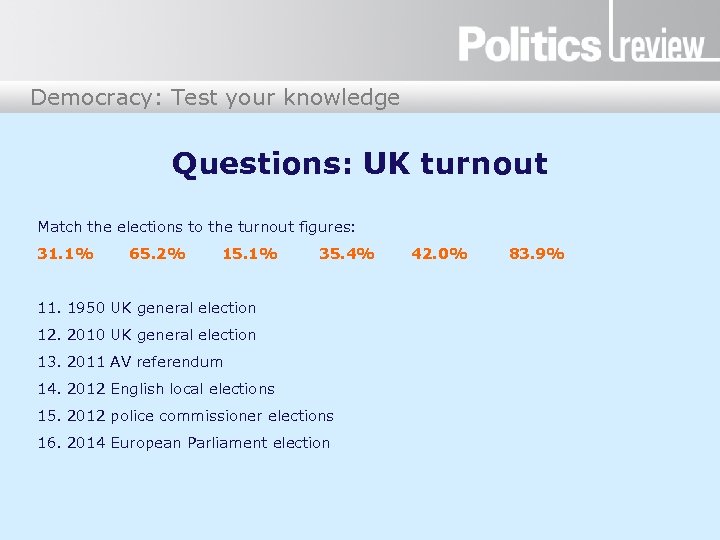 Democracy: Test your knowledge Questions: UK turnout Match the elections to the turnout figures: