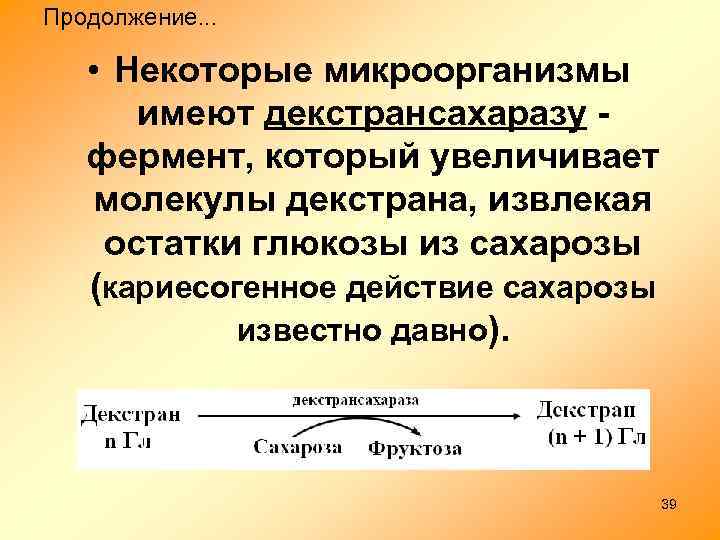 Продолжение. . . • Некоторые микроорганизмы имеют декстрансахаразу фермент, который увеличивает молекулы декстрана, извлекая