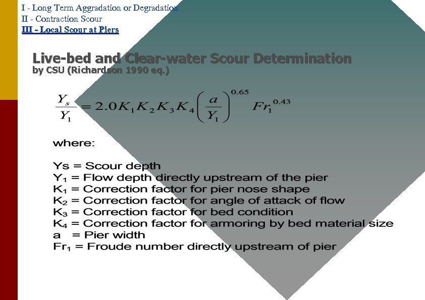 I - Long Term Aggradation or Degradation II - Contraction Scour III - Local