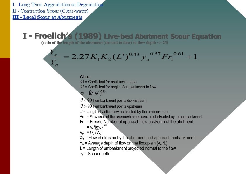 I - Long Term Aggradation or Degradation II - Contraction Scour (Clear-water) III -