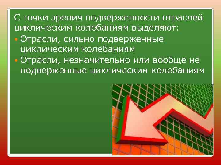 С точки зрения подверженности отраслей циклическим колебаниям выделяют: Отрасли, сильно подверженные циклическим колебаниям Отрасли,