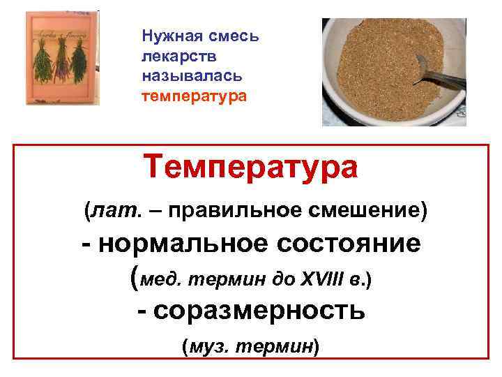 Нужная смесь лекарств называлась температура Температура (лат. – правильное смешение) - нормальное состояние (мед.
