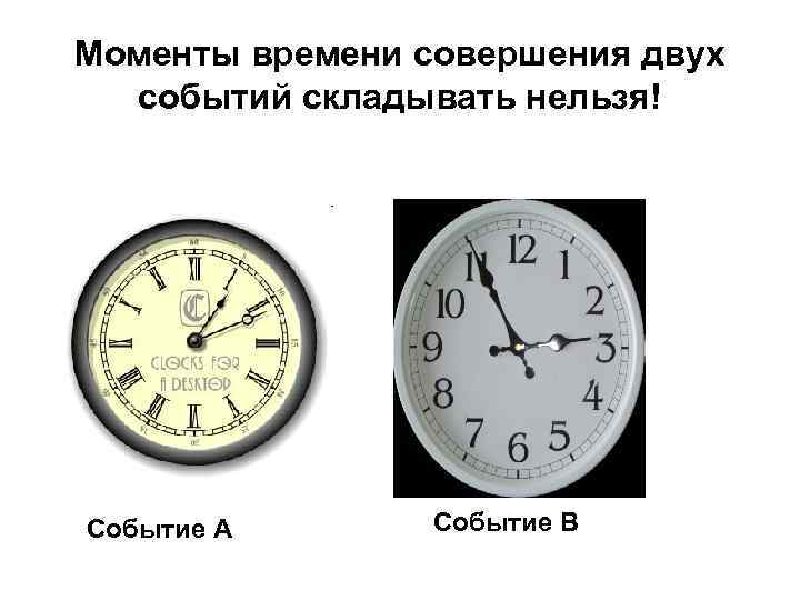 Моменты времени совершения двух событий складывать нельзя! Событие А Событие B 