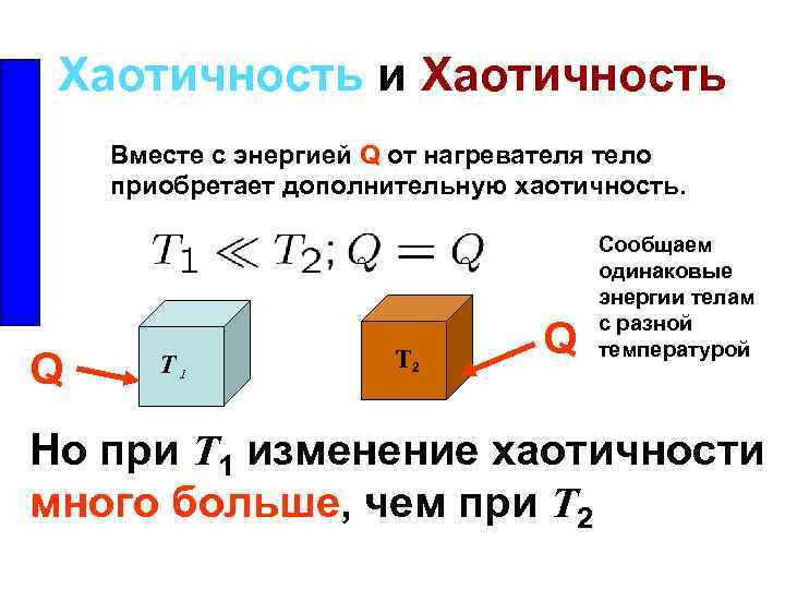 Хаотичность и Хаотичность Вместе с энергией Q от нагревателя тело приобретает дополнительную хаотичность. Q