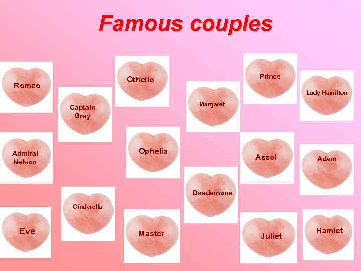 Famous couples Prince Othello Romeo Lady Hamilton Margaret Captain Grey Ophelia Admiral Nelson Assol