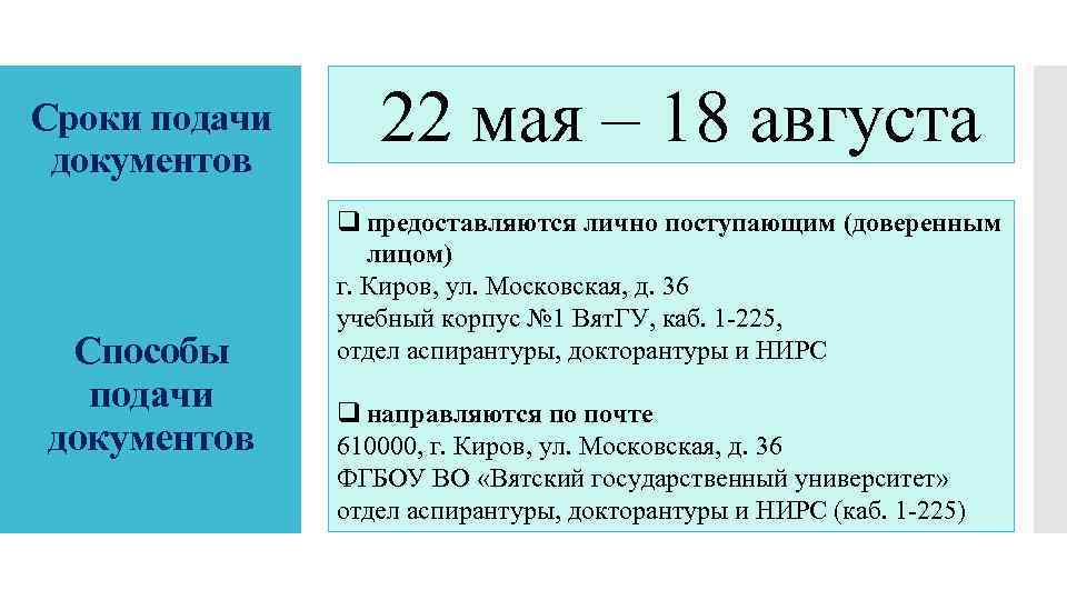 Сроки подачи документов Способы подачи документов 22 мая – 18 августа q предоставляются лично