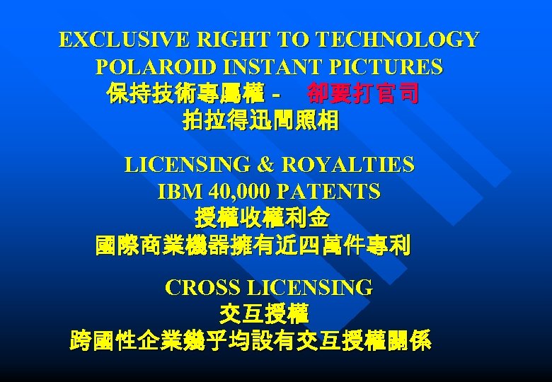 EXCLUSIVE RIGHT TO TECHNOLOGY POLAROID INSTANT PICTURES 保持技術專屬權－ 卻要打官司 拍拉得迅間照相 LICENSING & ROYALTIES IBM