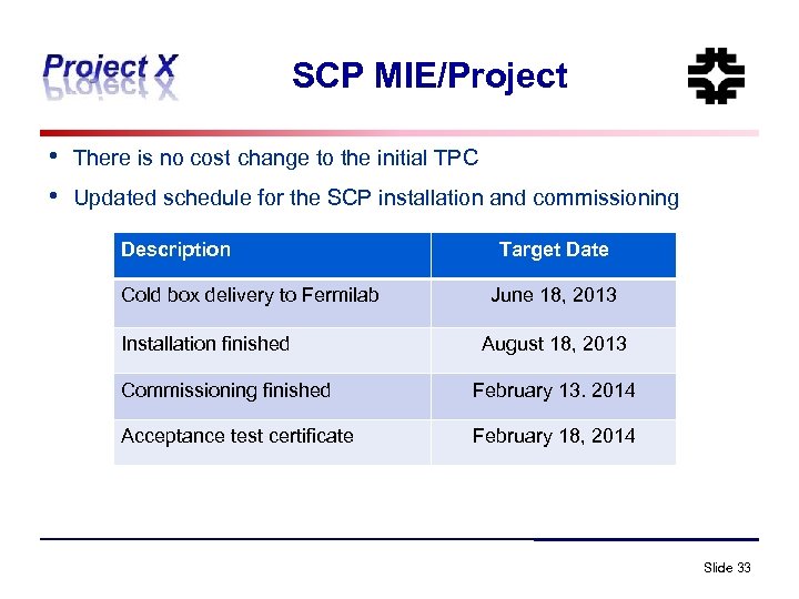 SCP MIE/Project • • There is no cost change to the initial TPC Updated