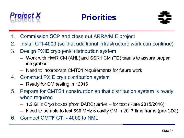 Priorities 1. Commission SCP and close out ARRA/MIE project 2. Install CTI-4000 (so that