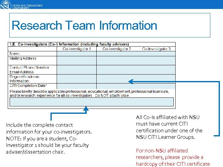 Research Team Information Include the complete contact information for your co-investigators. NOTE: If you