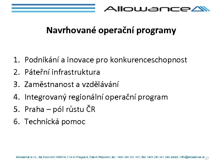 Navrhované operační programy 1. 2. 3. 4. 5. 6. Podnikání a inovace pro konkurenceschopnost