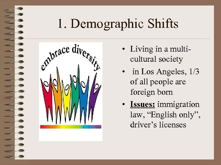 1. Demographic Shifts • Living in a multicultural society • in Los Angeles, 1/3