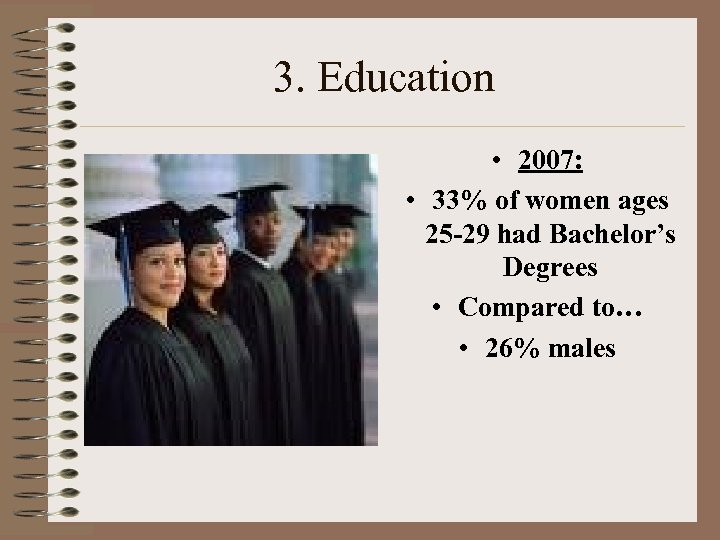 3. Education • 2007: • 33% of women ages 25 -29 had Bachelor’s Degrees