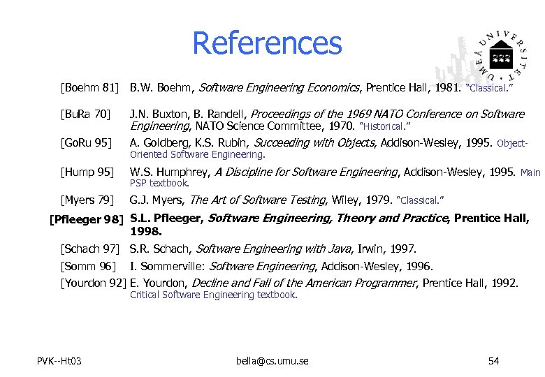 References [Boehm 81] B. W. Boehm, Software Engineering Economics, Prentice Hall, 1981. “Classical. ”