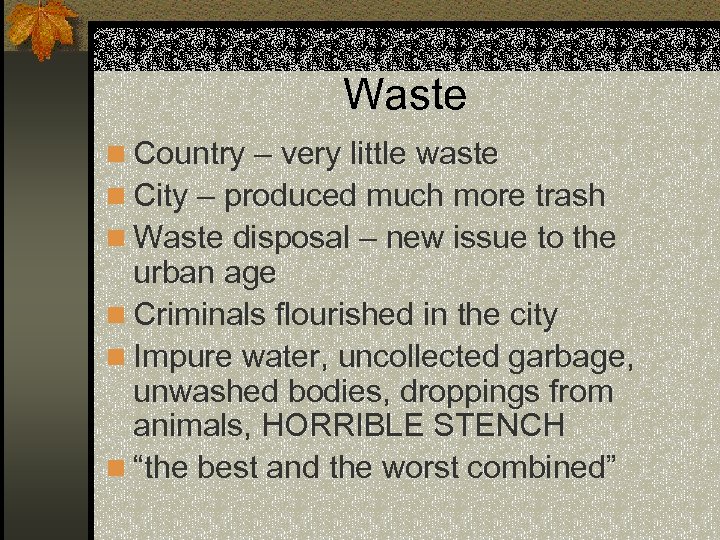 Waste n Country – very little waste n City – produced much more trash