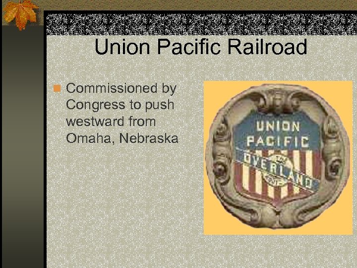 Union Pacific Railroad n Commissioned by Congress to push westward from Omaha, Nebraska 