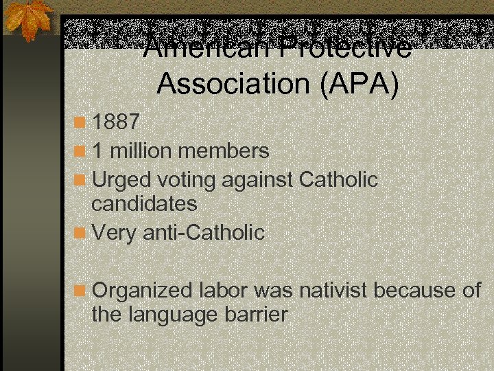 American Protective Association (APA) n 1887 n 1 million members n Urged voting against