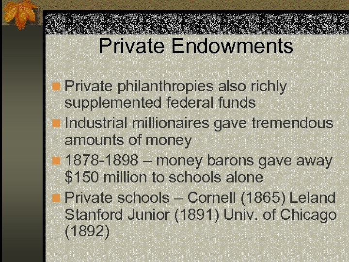 Private Endowments n Private philanthropies also richly supplemented federal funds n Industrial millionaires gave
