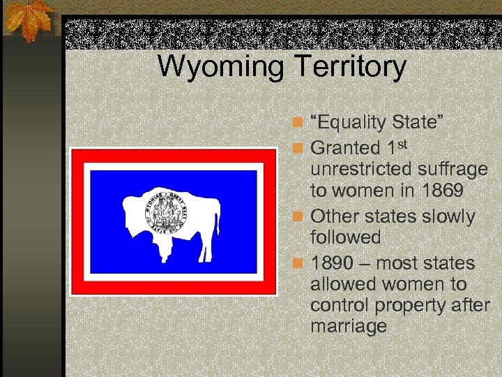 Wyoming Territory n “Equality State” n Granted 1 st unrestricted suffrage to women in