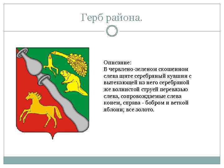 Герб района. Описание: В червлено-зеленом скошенном слева щите серебряный кувшин с вытекающей из него