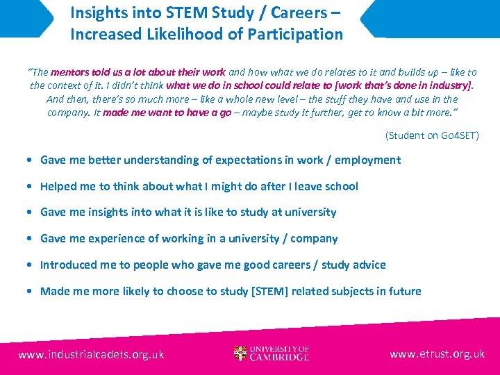 Insights into STEM Study / Careers – Increased Likelihood of Participation “The mentors told