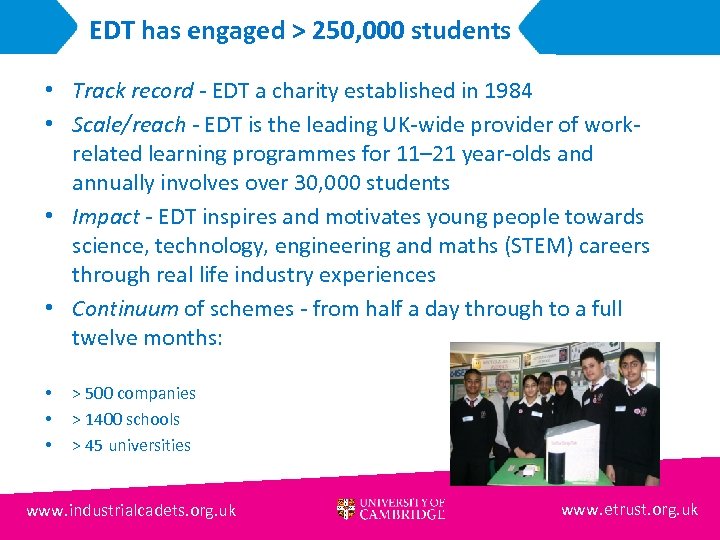 EDT has engaged > 250, 000 students • Track record - EDT a charity