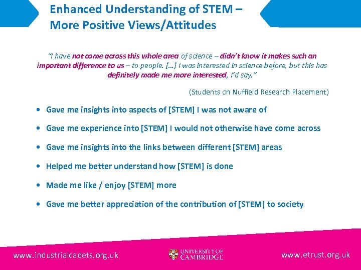 Enhanced Understanding of STEM – More Positive Views/Attitudes “I have not come across this