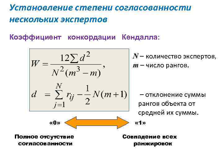 Установление степени согласованности нескольких экспертов Коэффициент конкордации Кендалла: N – количество экспертов, m –