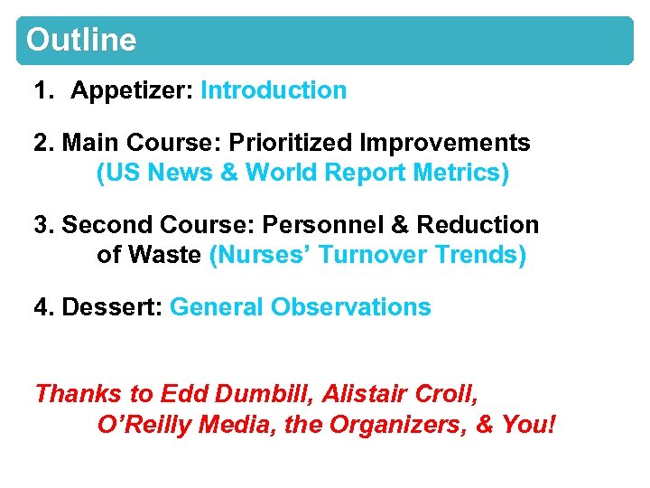 Outline 1. Appetizer: Introduction 2. Main Course: Prioritized Improvements (US News & World Report