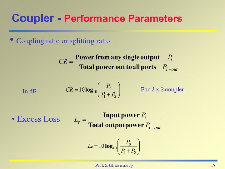 Coupler - Performance Parameters i Coupling ratio or splitting ratio For 2 x 2