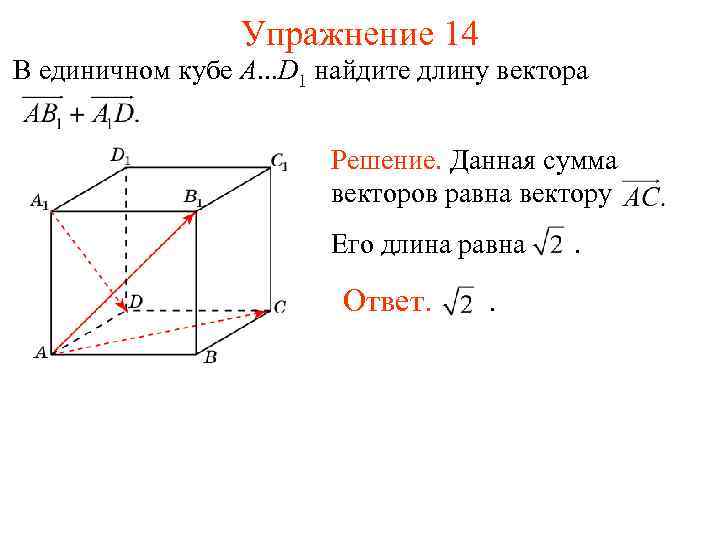 Упражнение 14 В единичном кубе A. . . D 1 найдите длину вектора Решение.
